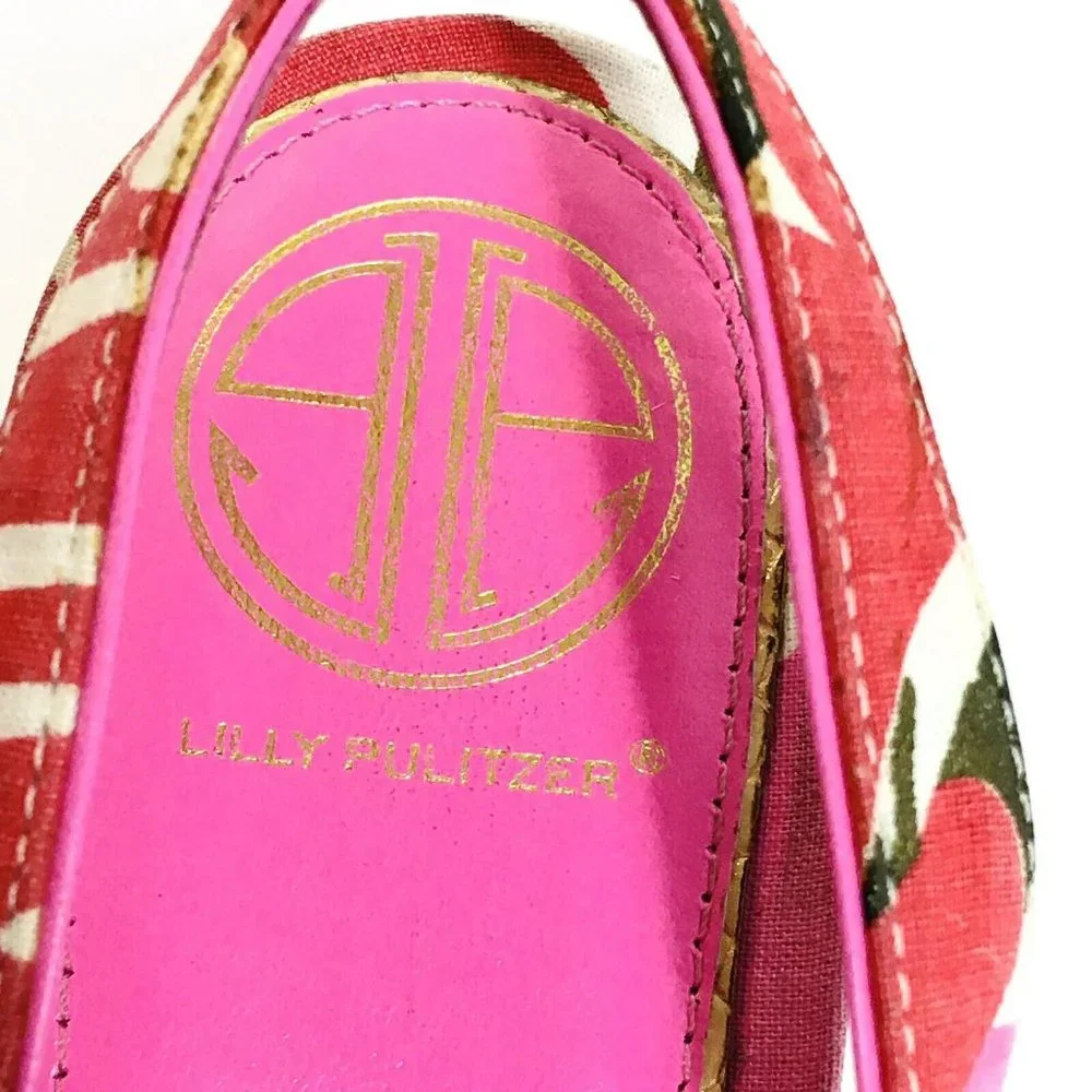 Lilly Pulitzer Sz 10M Espadrille Sling Back Wedge Logo Pink Floral Peep Toe
